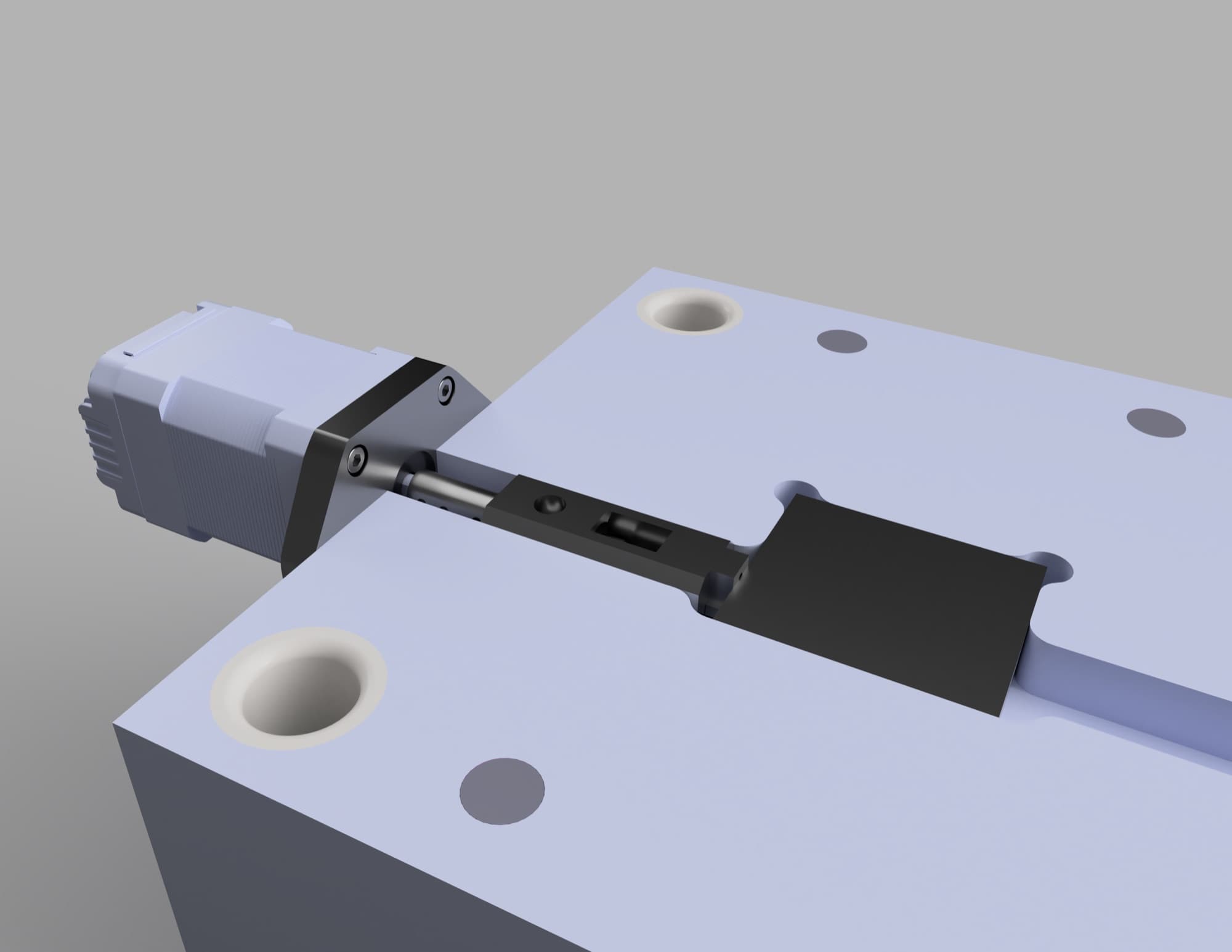 CAD render of a stepper-motor slide action mounted on a split micro-mold core